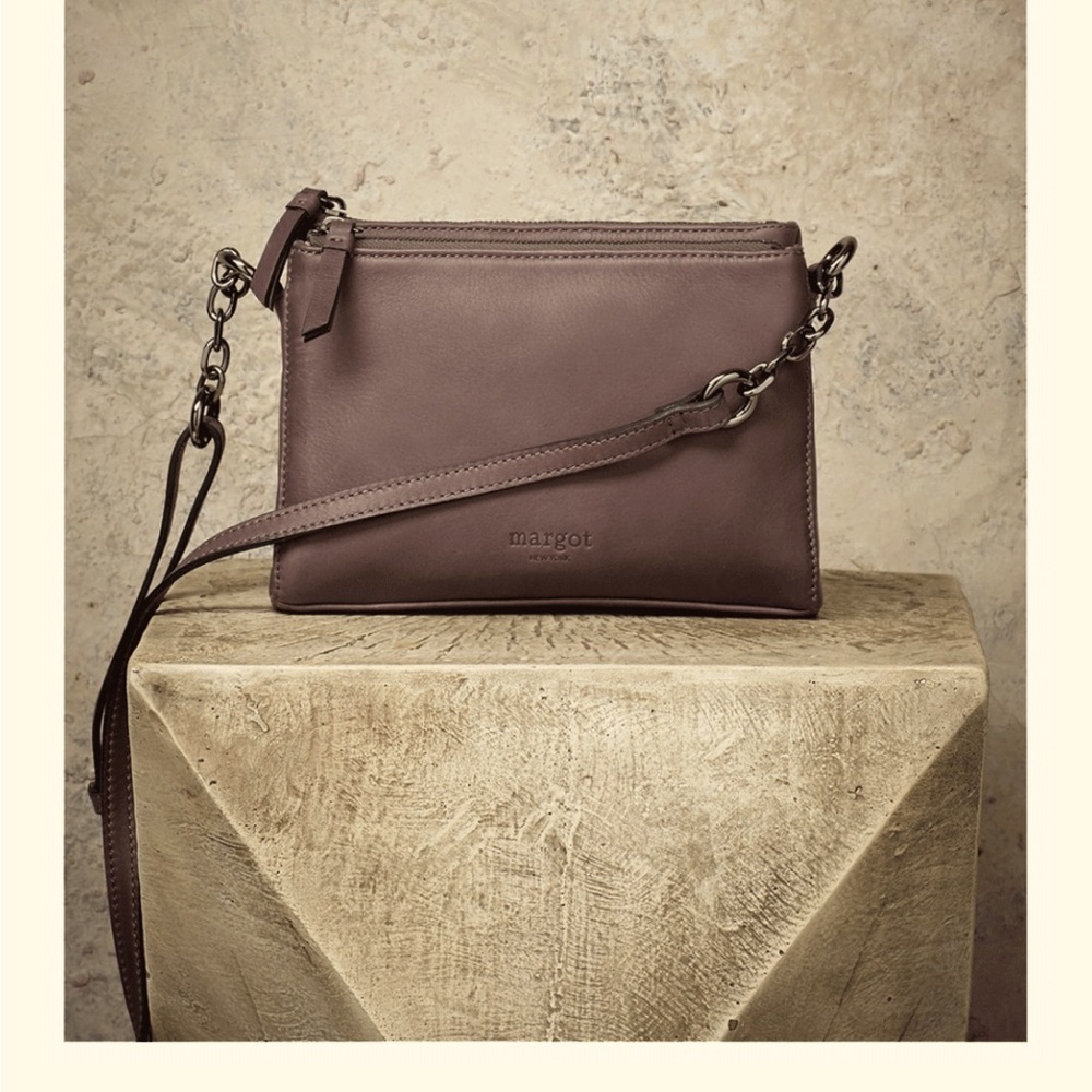 Margot New York Jules Leather crossbody Bag in Gray with Chain